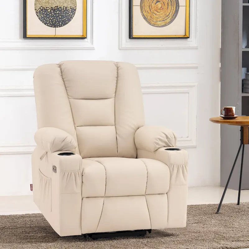 Fauteuil inclinable releveur électrique en similicuir marron foncé/marron clair/rouge avec massage et chauffage – Une place