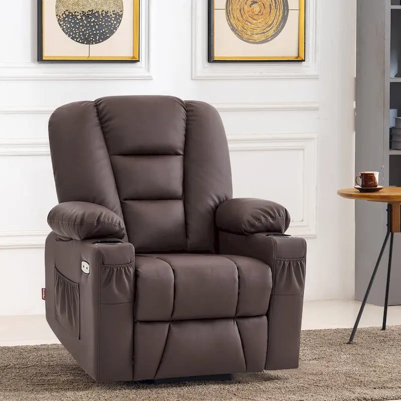 Fauteuil inclinable releveur électrique en similicuir marron foncé/marron clair/rouge avec massage et chauffage – Une place