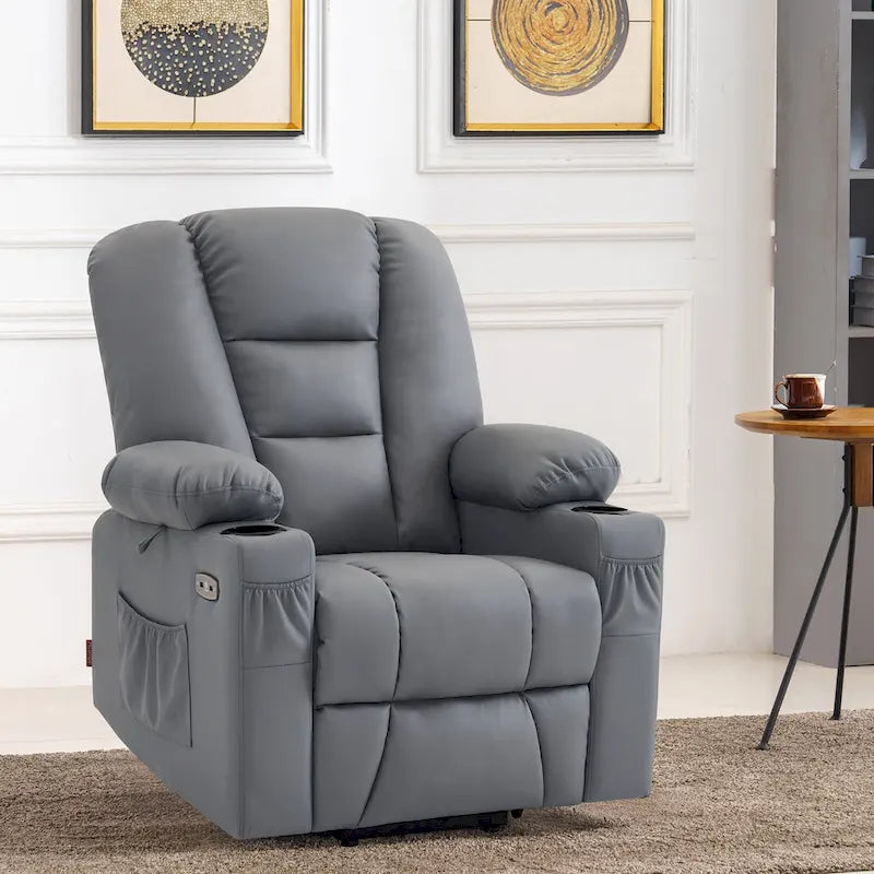 Fauteuil inclinable releveur électrique en similicuir marron foncé/marron clair/rouge avec massage et chauffage – Une place