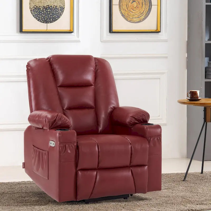 Fauteuil inclinable releveur électrique en similicuir marron foncé/marron clair/rouge avec massage et chauffage – Une place