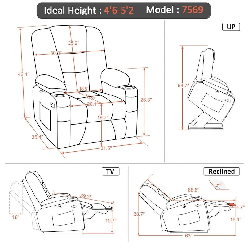 Fauteuil inclinable releveur électrique en similicuir marron foncé/marron clair/rouge avec massage et chauffage – Une place