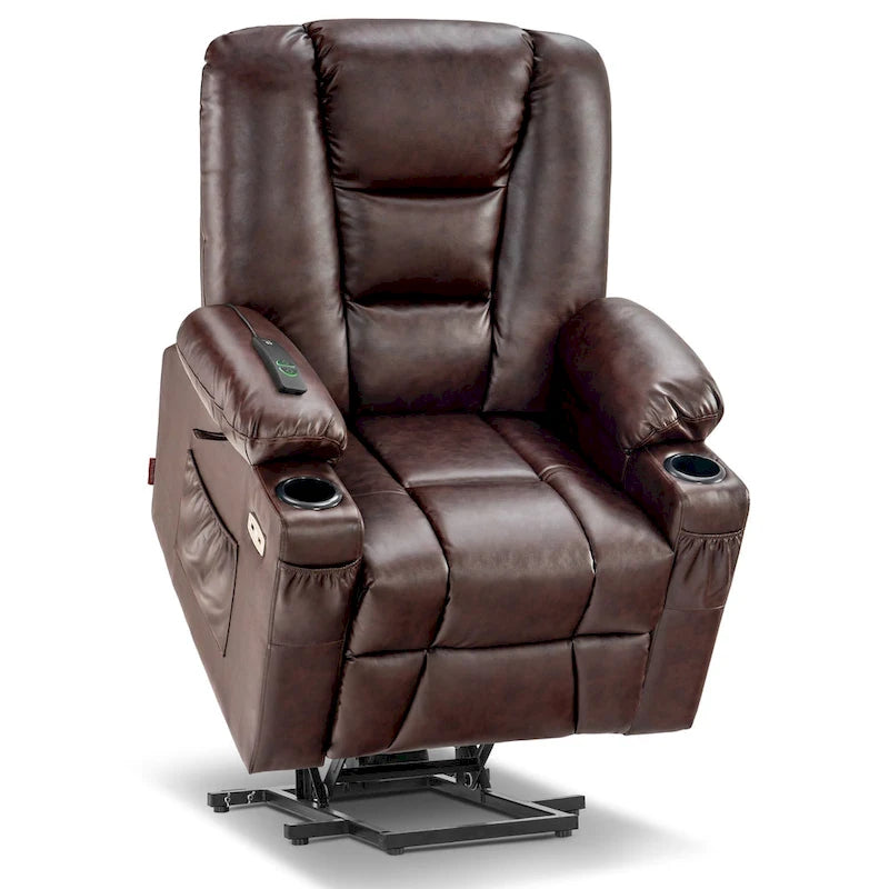 Fauteuil inclinable releveur électrique en similicuir marron foncé/marron clair/rouge avec massage et chauffage – Une place