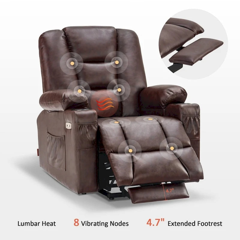 Fauteuil inclinable releveur électrique en similicuir marron foncé/marron clair/rouge avec massage et chauffage – Une place