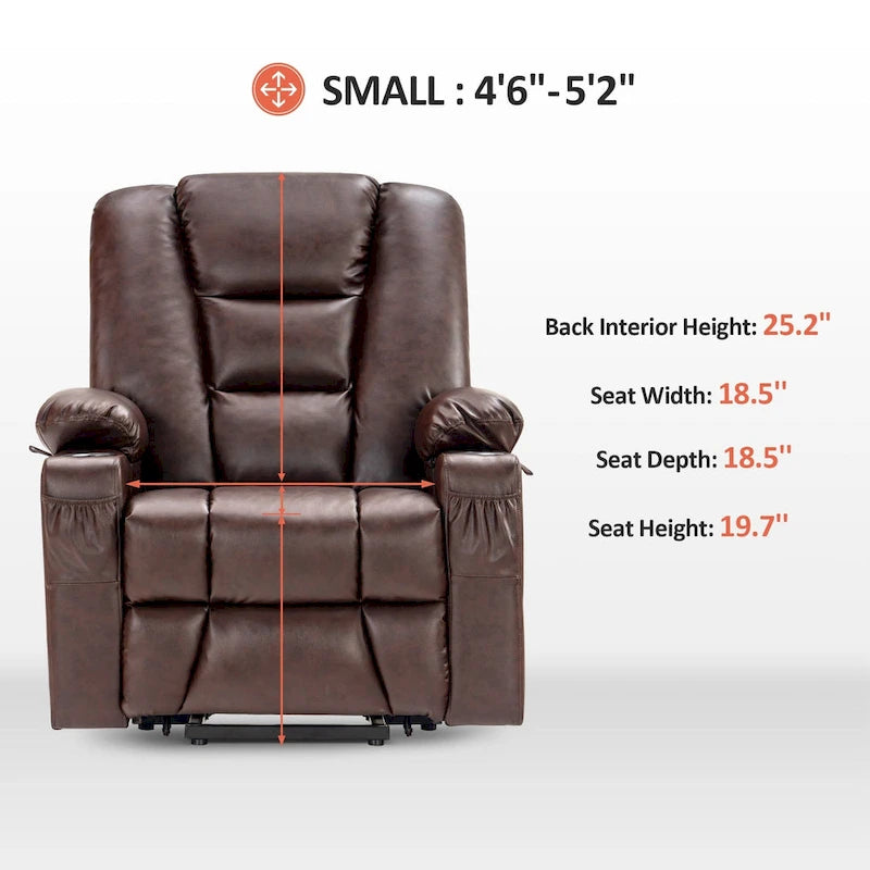 Fauteuil inclinable releveur électrique en similicuir marron foncé/marron clair/rouge avec massage et chauffage – Une place