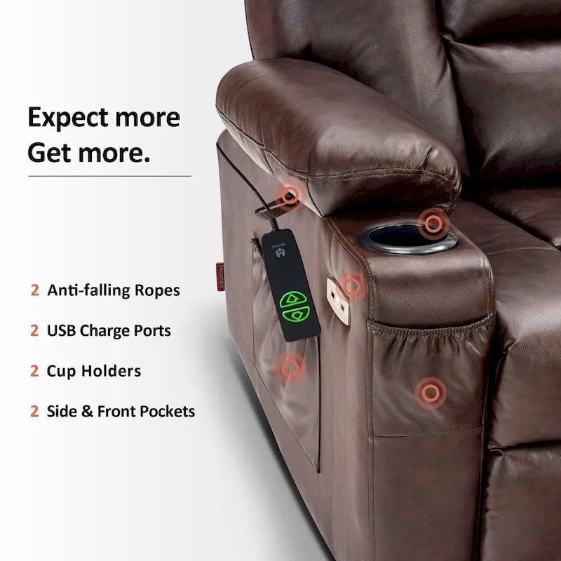 Fauteuil inclinable releveur électrique en similicuir marron foncé/marron clair/rouge avec massage et chauffage – Une place
