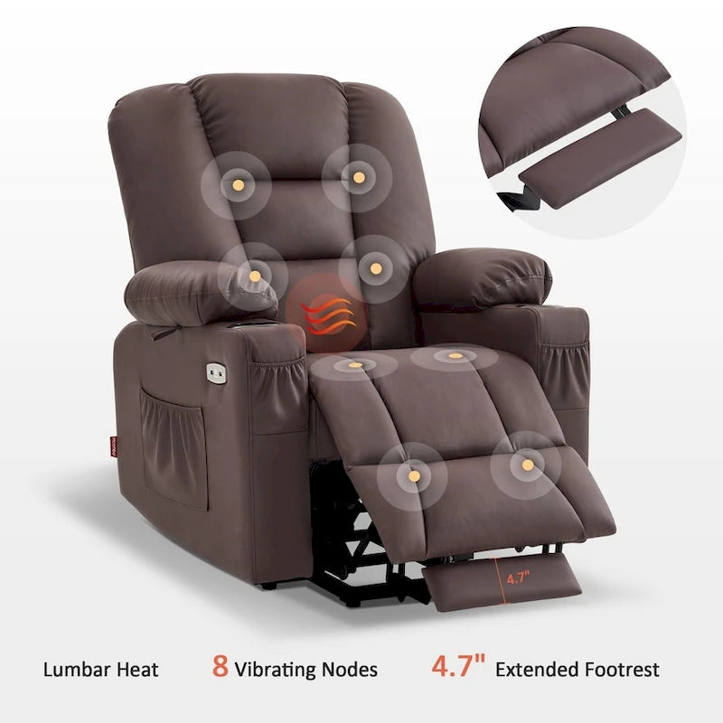 Fauteuil inclinable releveur électrique en similicuir marron foncé/marron clair/rouge avec massage et chauffage – Une place