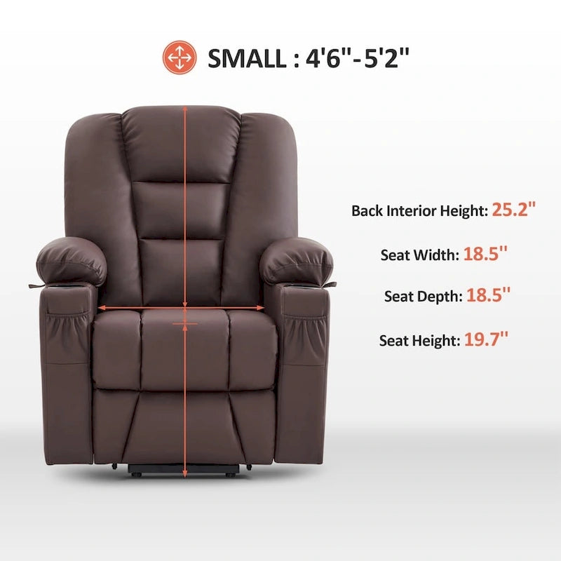 Fauteuil inclinable releveur électrique en similicuir marron foncé/marron clair/rouge avec massage et chauffage – Une place