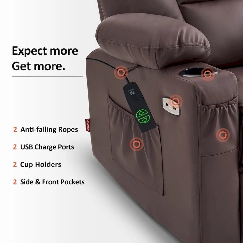 Fauteuil inclinable releveur électrique en similicuir marron foncé/marron clair/rouge avec massage et chauffage – Une place