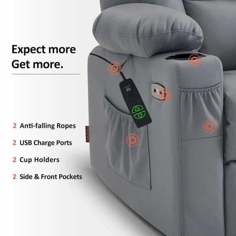 Fauteuil inclinable releveur électrique en similicuir marron foncé/marron clair/rouge avec massage et chauffage – Une place