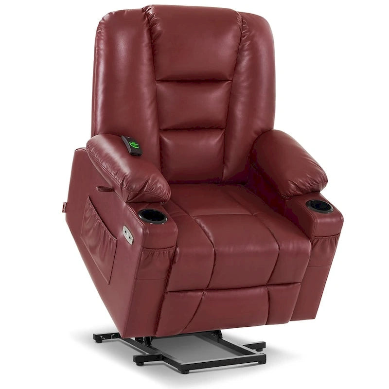 Fauteuil inclinable releveur électrique en similicuir marron foncé/marron clair/rouge avec massage et chauffage – Une place