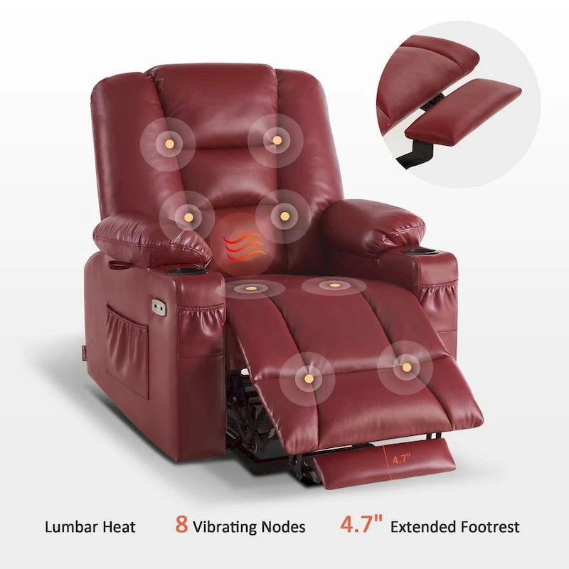 Fauteuil inclinable releveur électrique en similicuir marron foncé/marron clair/rouge avec massage et chauffage – Une place