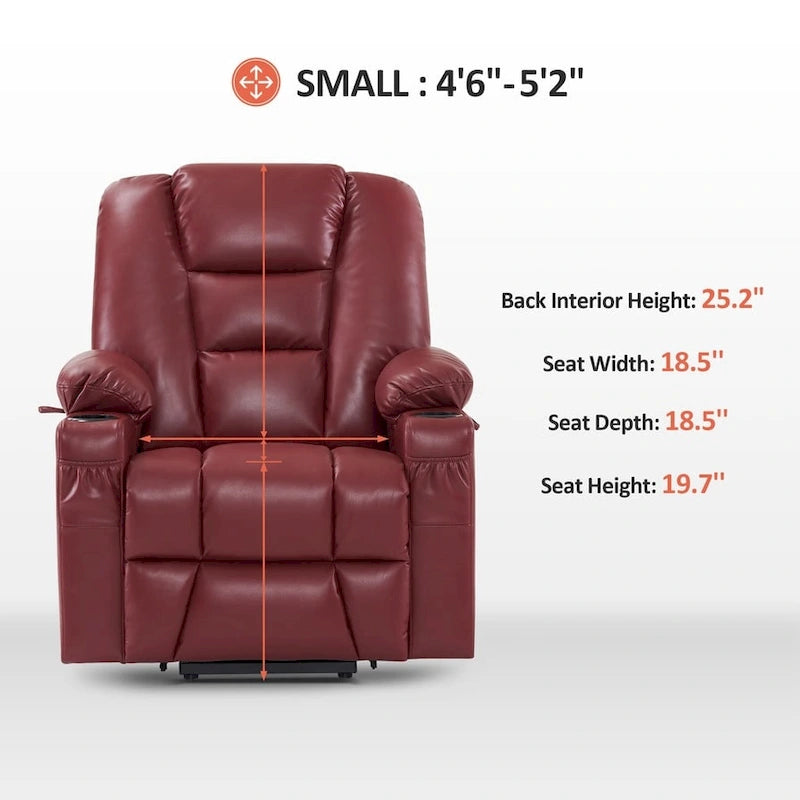 Fauteuil inclinable releveur électrique en similicuir marron foncé/marron clair/rouge avec massage et chauffage – Une place