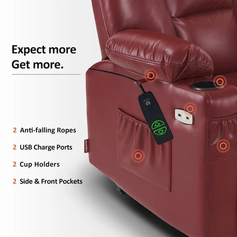 Fauteuil inclinable releveur électrique en similicuir marron foncé/marron clair/rouge avec massage et chauffage – Une place