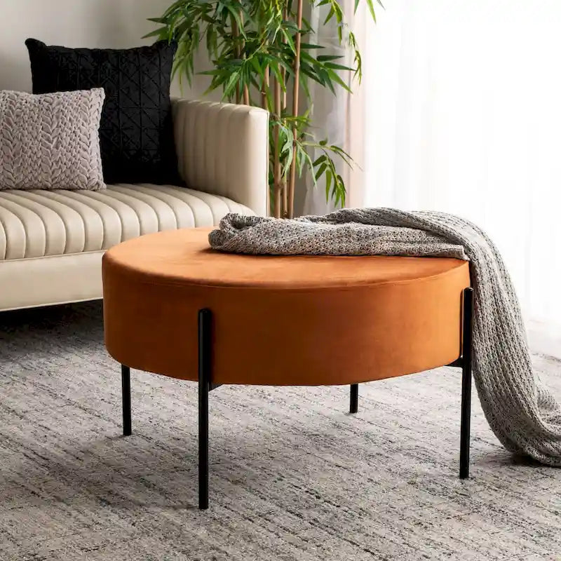 Pouf de cocktail rond en velours – Sienne/Vert malachite/Rose poudré/Gris, pieds noirs mats, une place