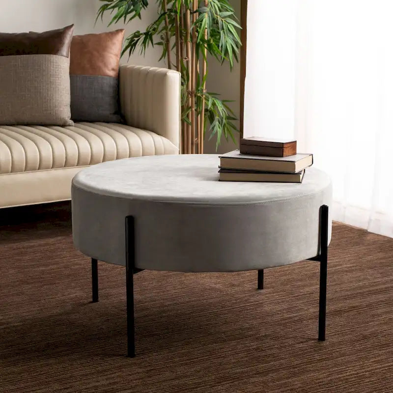 Pouf de cocktail rond en velours – Sienne/Vert malachite/Rose poudré/Gris, pieds noirs mats, une place