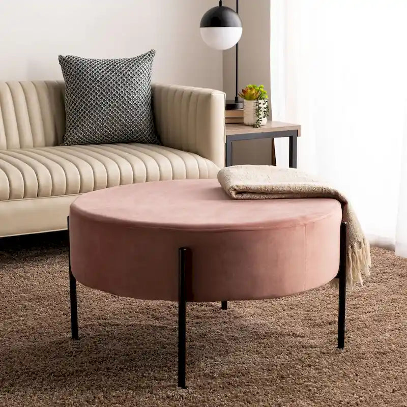 Pouf de cocktail rond en velours – Sienne/Vert malachite/Rose poudré/Gris, pieds noirs mats, une place