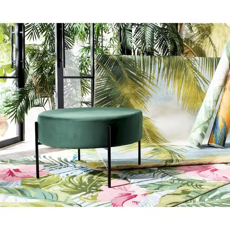 Pouf de cocktail rond en velours – Sienne/Vert malachite/Rose poudré/Gris, pieds noirs mats, une place