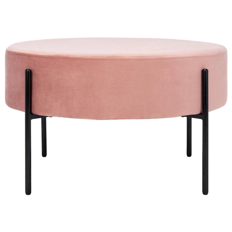 Pouf de cocktail rond en velours – Sienne/Vert malachite/Rose poudré/Gris, pieds noirs mats, une place