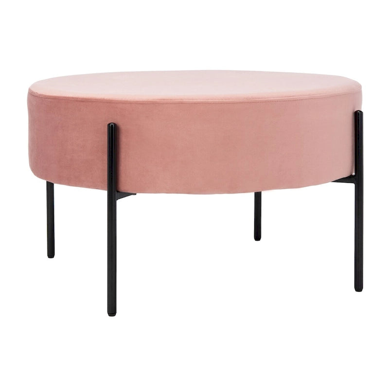 Pouf de cocktail rond en velours – Sienne/Vert malachite/Rose poudré/Gris, pieds noirs mats, une place