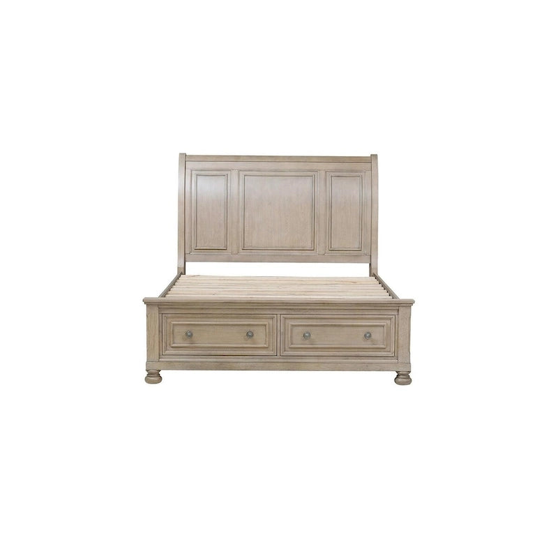 Ensemble de chambre à coucher 3 pièces de rangement avec lit traîneau gris, très grand lit/grand lit