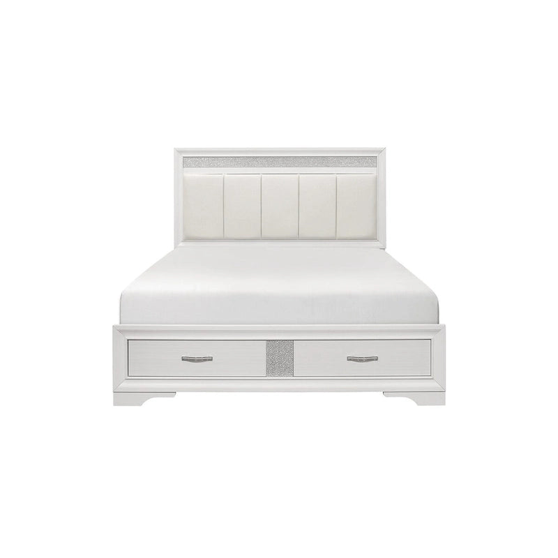 Ensemble de lit plateforme de rangement en similicuir à paillettes blanc et argent (4 pièces, très grand lit/grand lit)