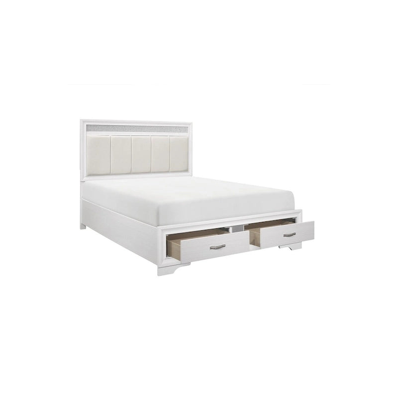 Ensemble de lit plateforme de rangement en similicuir à paillettes blanc et argent (4 pièces, très grand lit/grand lit)