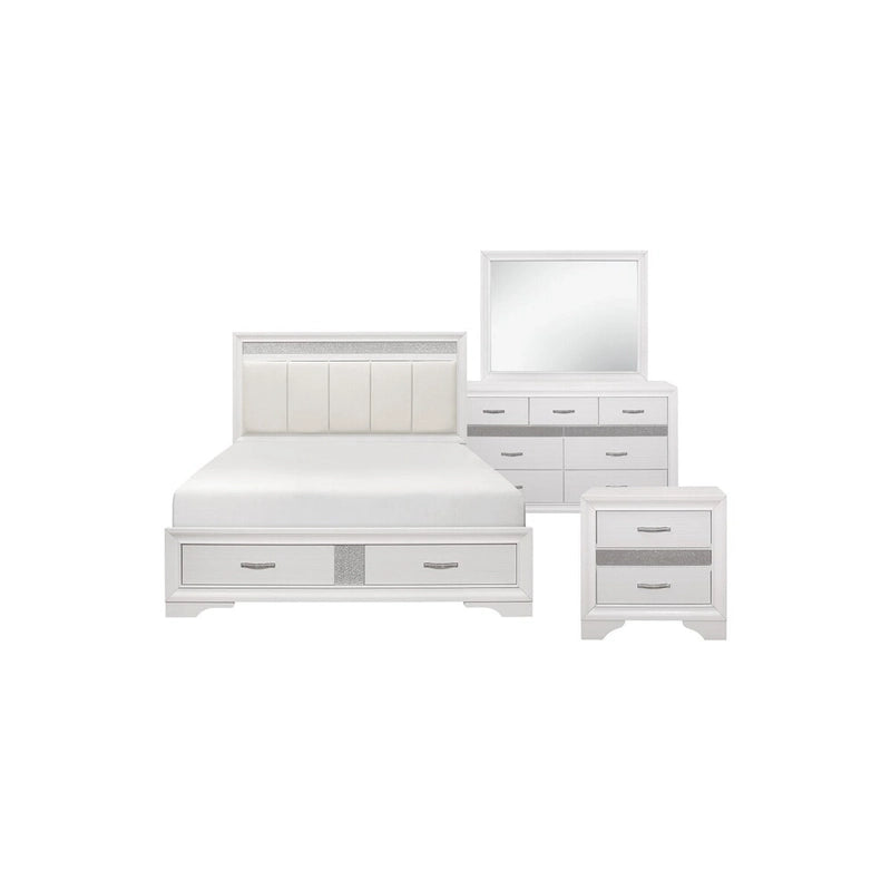 Ensemble de lit plateforme de rangement en similicuir à paillettes blanc et argent (4 pièces, très grand lit/grand lit)