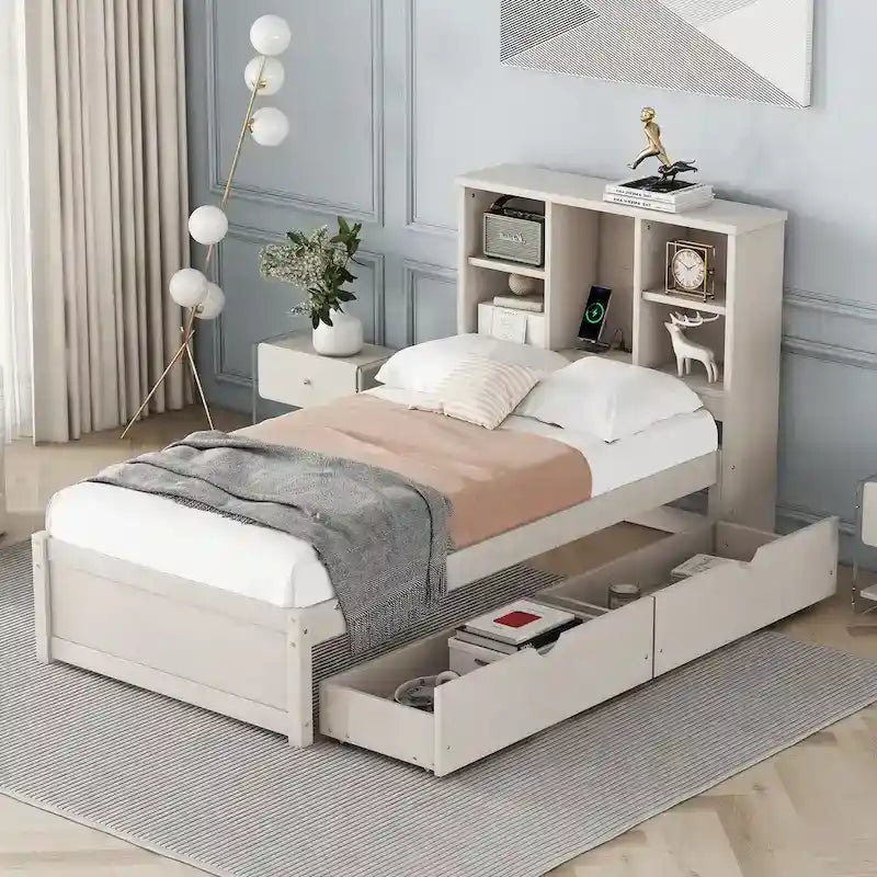 Lit plateforme une place avec tête de lit bibliothèque et 2 tiroirs – Gris / Blanc / Noyer, 1 personne