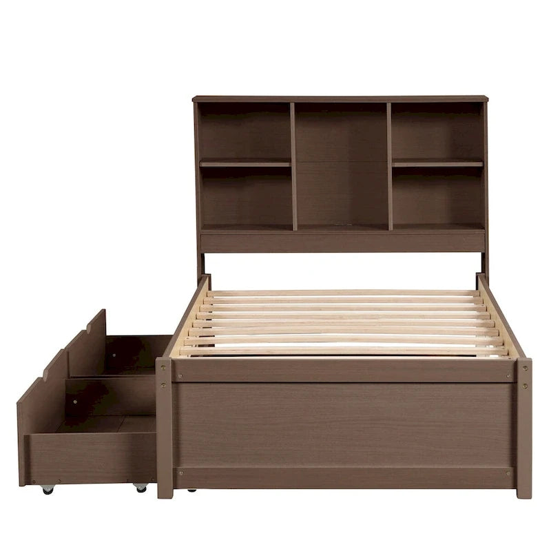 Lit plateforme une place avec tête de lit bibliothèque et 2 tiroirs – Gris / Blanc / Noyer, 1 personne