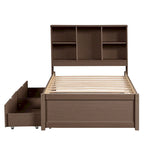 Lit plateforme une place avec tête de lit bibliothèque et 2 tiroirs – Gris / Blanc / Noyer, 1 personne