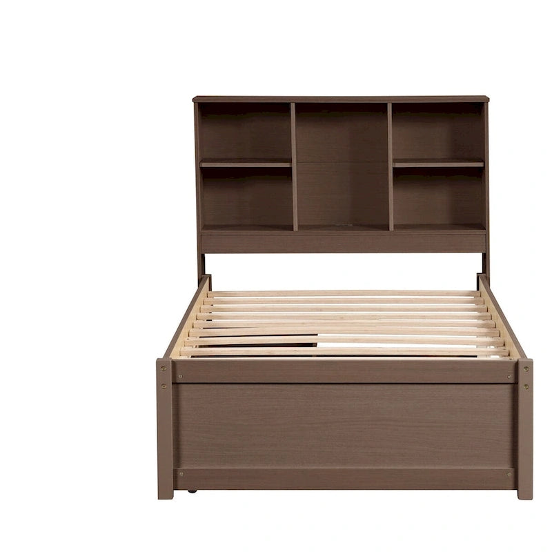 Lit plateforme une place avec tête de lit bibliothèque et 2 tiroirs – Gris / Blanc / Noyer, 1 personne