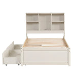 Lit plateforme une place avec tête de lit bibliothèque et 2 tiroirs – Gris / Blanc / Noyer, 1 personne