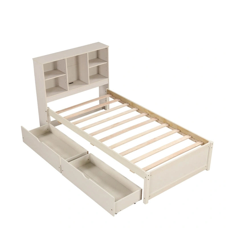 Lit plateforme une place avec tête de lit bibliothèque et 2 tiroirs – Gris / Blanc / Noyer, 1 personne