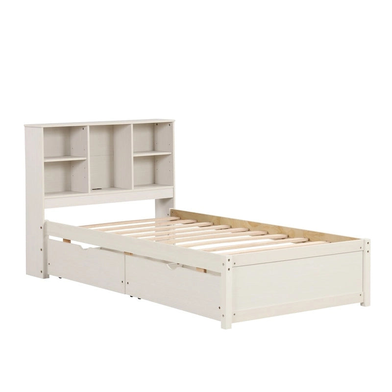 Lit plateforme une place avec tête de lit bibliothèque et 2 tiroirs – Gris / Blanc / Noyer, 1 personne