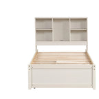Lit plateforme une place avec tête de lit bibliothèque et 2 tiroirs – Gris / Blanc / Noyer, 1 personne