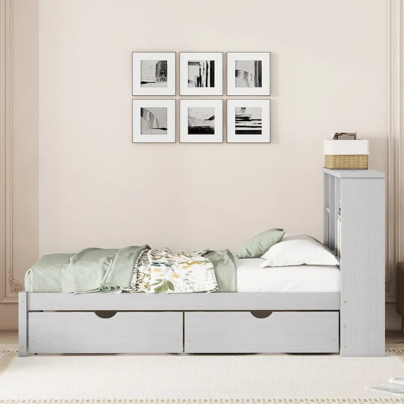 Lit plateforme une place avec tête de lit bibliothèque et 2 tiroirs – Gris / Blanc / Noyer, 1 personne