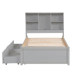 Lit plateforme une place avec tête de lit bibliothèque et 2 tiroirs – Gris / Blanc / Noyer, 1 personne