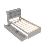 Lit plateforme une place avec tête de lit bibliothèque et 2 tiroirs – Gris / Blanc / Noyer, 1 personne