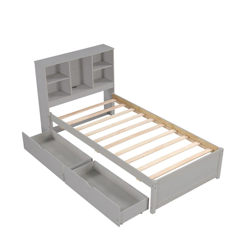 Lit plateforme une place avec tête de lit bibliothèque et 2 tiroirs – Gris / Blanc / Noyer, 1 personne