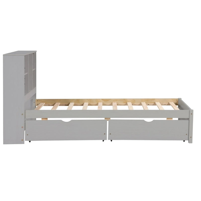 Lit plateforme une place avec tête de lit bibliothèque et 2 tiroirs – Gris / Blanc / Noyer, 1 personne