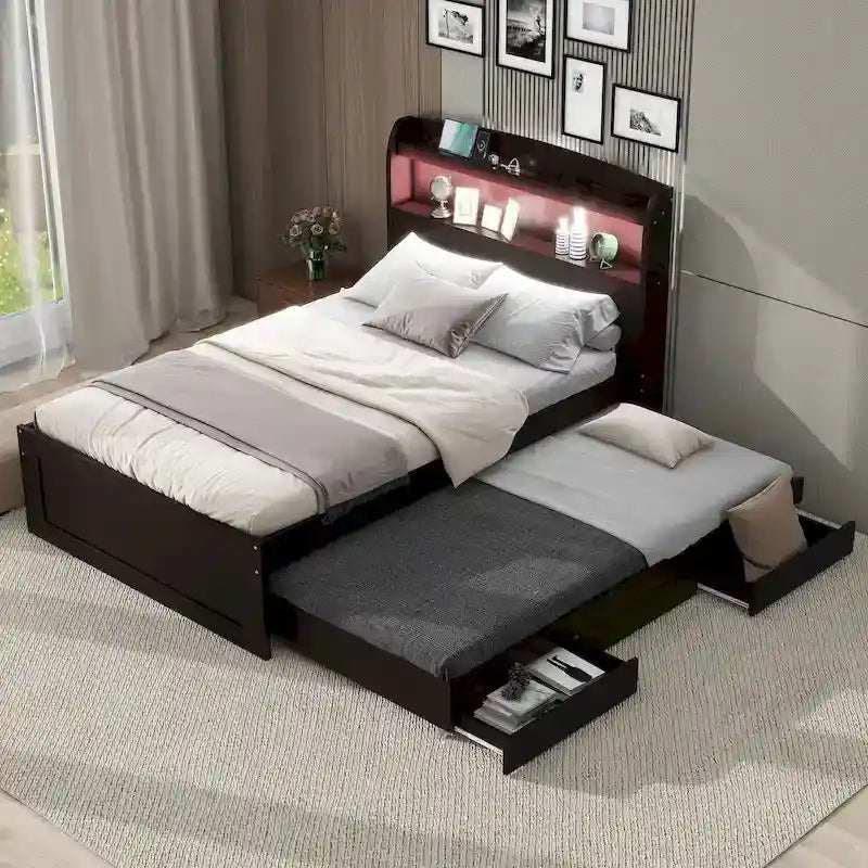 Lit plateforme Twin XL gris/marron foncé avec lit gigogne, tête de lit LED et tiroirs de rangement – 2 couchages