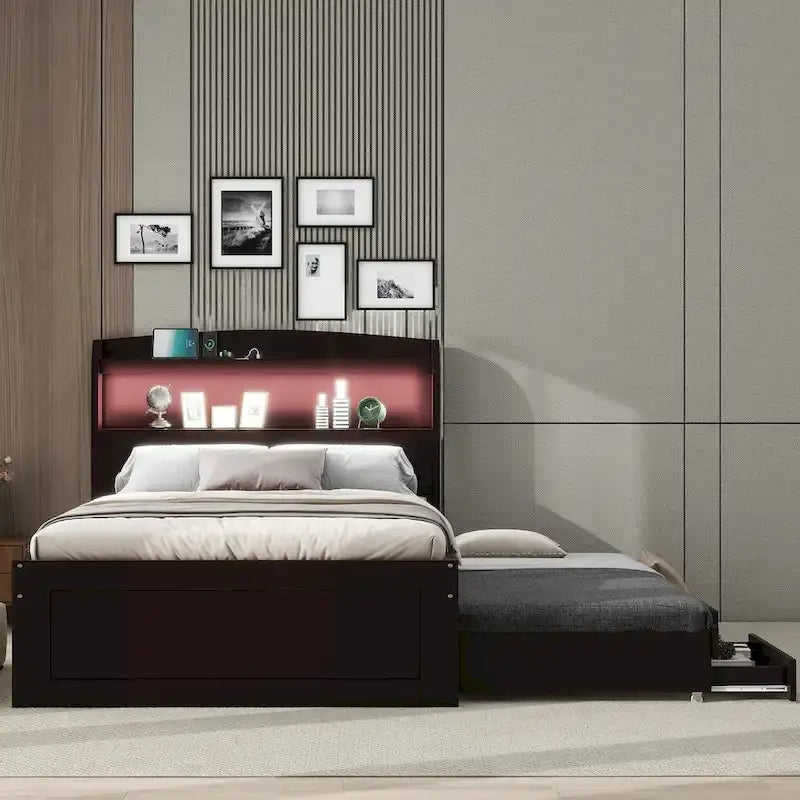 Lit plateforme Twin XL gris/marron foncé avec lit gigogne, tête de lit LED et tiroirs de rangement – 2 couchages