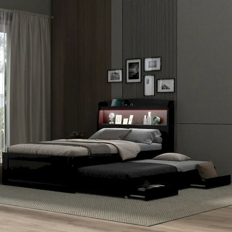 Lit plateforme Twin XL gris/marron foncé avec lit gigogne, tête de lit LED et tiroirs de rangement – 2 couchages