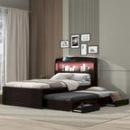 Lit plateforme Twin XL gris/marron foncé avec lit gigogne, tête de lit LED et tiroirs de rangement – 2 couchages