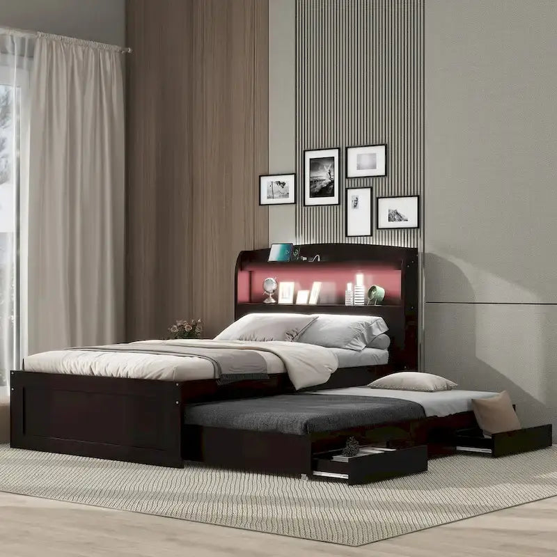 Lit plateforme Twin XL gris/marron foncé avec lit gigogne, tête de lit LED et tiroirs de rangement – 2 couchages