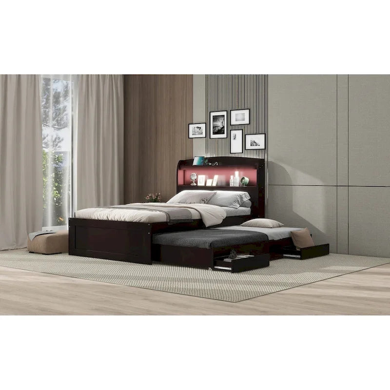 Lit plateforme Twin XL gris/marron foncé avec lit gigogne, tête de lit LED et tiroirs de rangement – 2 couchages