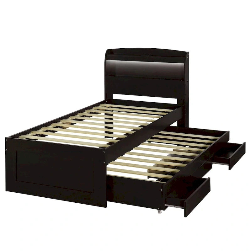 Lit plateforme Twin XL gris/marron foncé avec lit gigogne, tête de lit LED et tiroirs de rangement – 2 couchages