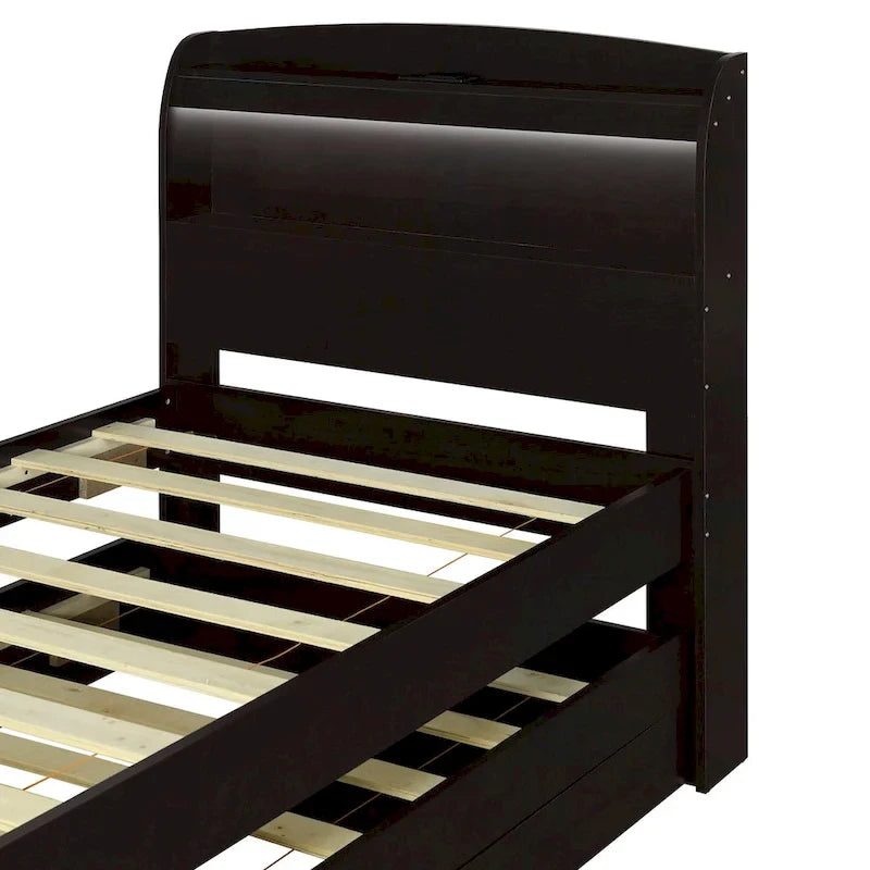 Lit plateforme Twin XL gris/marron foncé avec lit gigogne, tête de lit LED et tiroirs de rangement – 2 couchages