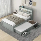 Lit plateforme Twin XL gris/marron foncé avec lit gigogne, tête de lit LED et tiroirs de rangement – 2 couchages