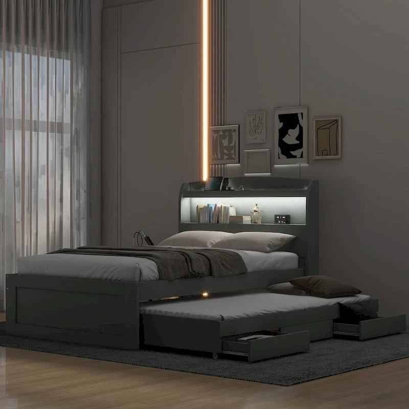 Lit plateforme Twin XL gris/marron foncé avec lit gigogne, tête de lit LED et tiroirs de rangement – 2 couchages